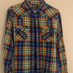 Men’s plaid flannel button down Polo by Ralph Lauren shirt. Large.